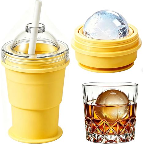 2-in-1 Silikon-eiswürfelbecher – Eiswürfelform (6 Cm) Und Trinkglas Mit Strohhalm – Ideal Für Cocktails, Whisky, Bier Und Wein – Umweltfreundlich Und Bpa-frei – Käsegelb