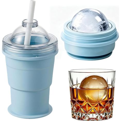 2-in-1 Faltbarer Eiswürfelbecher – Eiswürfelform (6 Cm) Und Reisebecher Mit Strohhalm – Lebensmittelechtes Silikon – Ultraleicht (150 G) – Meersalzblau