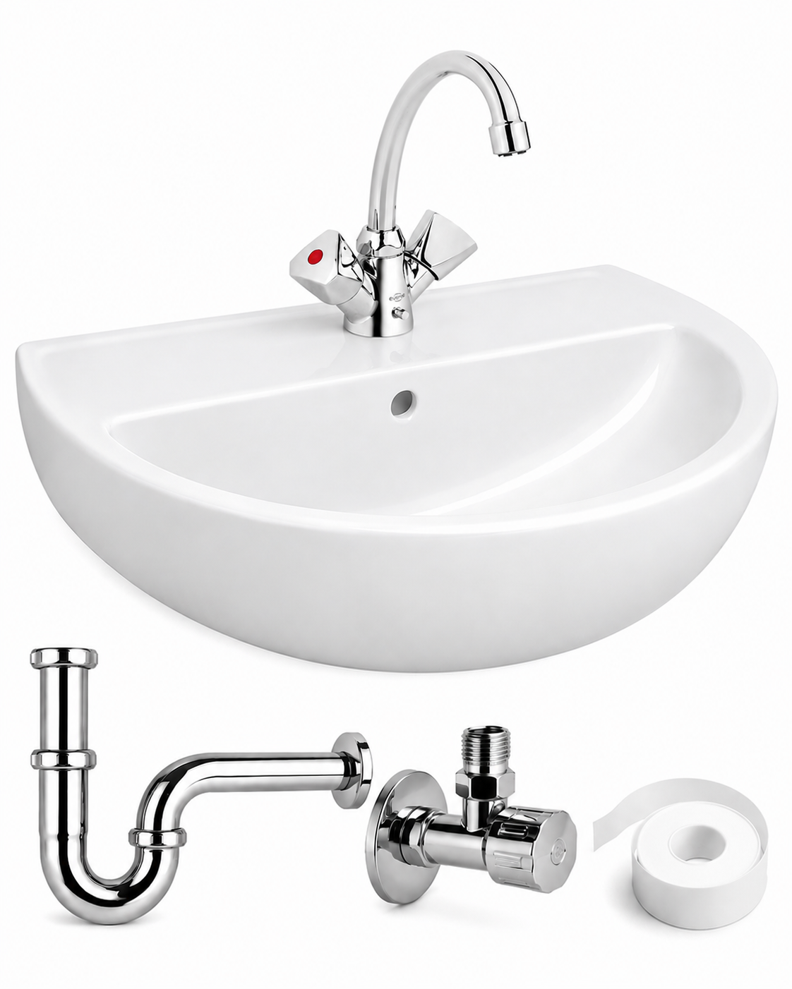 Badfabrik24 Geberit Paris Waschtisch-komplettset 550 × 430 Mm Weiß Inkl. Edition One Zweigriff-armatur Chrom, Siphon & Montagezubehör