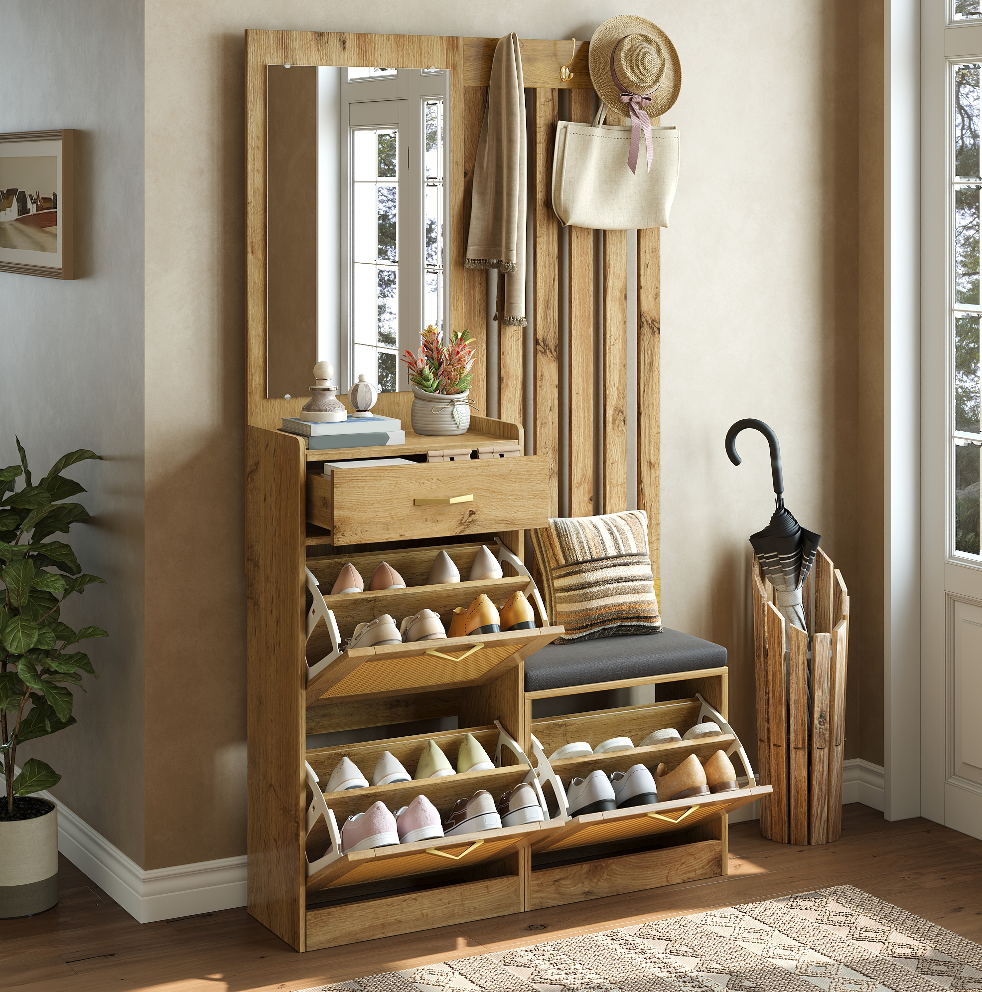 Garderobe Aus Mdf In Natur Mit Spiegel Und Gepolsterter Sitzbank, 99,5 X 26 X 180 Cm, Türen In Rattanoptik Und Schuhfach