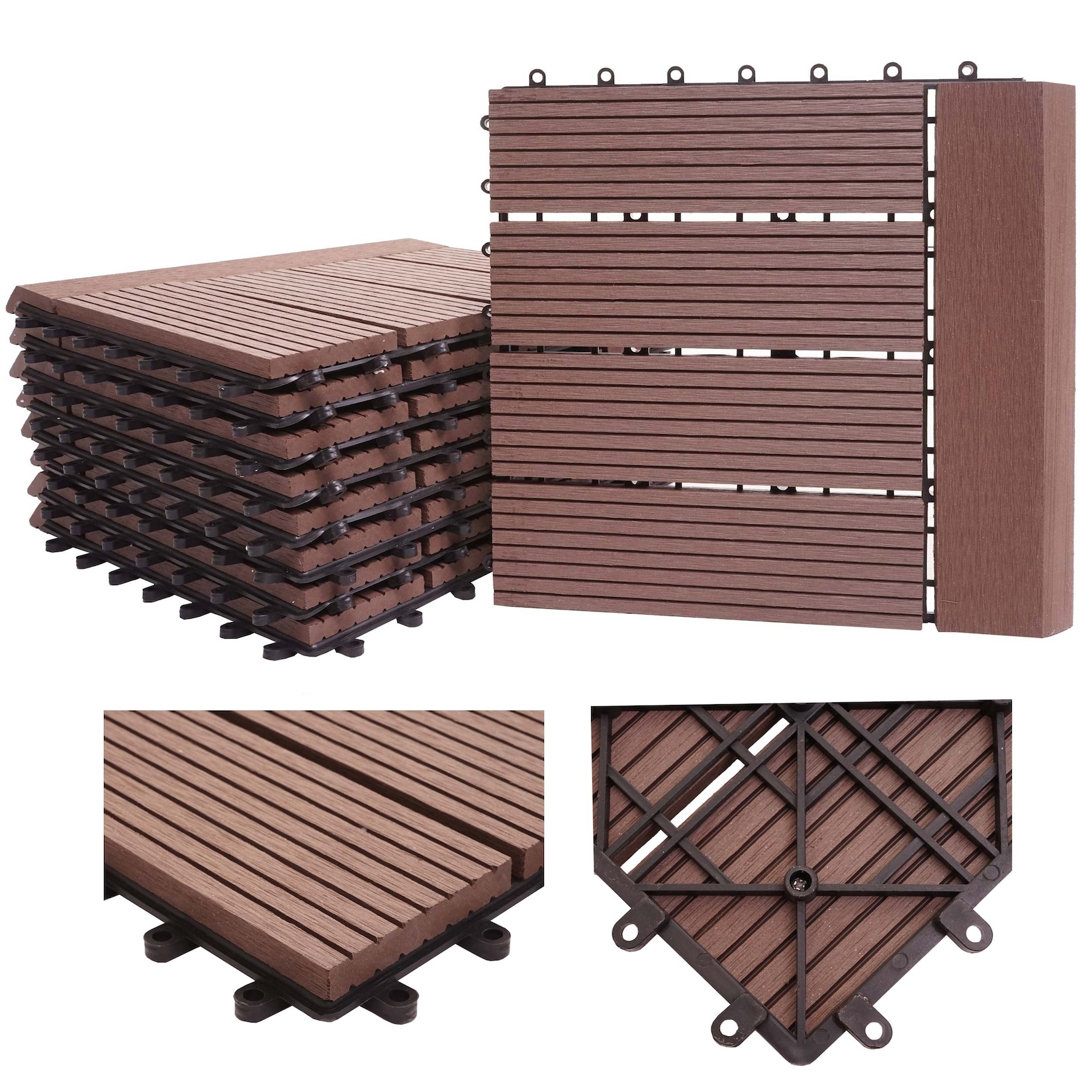 MCW WPC Bodenfliese Sarthe mit Abschluss Holzoptik Balkon/Terrasse 11x Je 30x30cm - 1qm Premium Coffee Linear Waagrecht