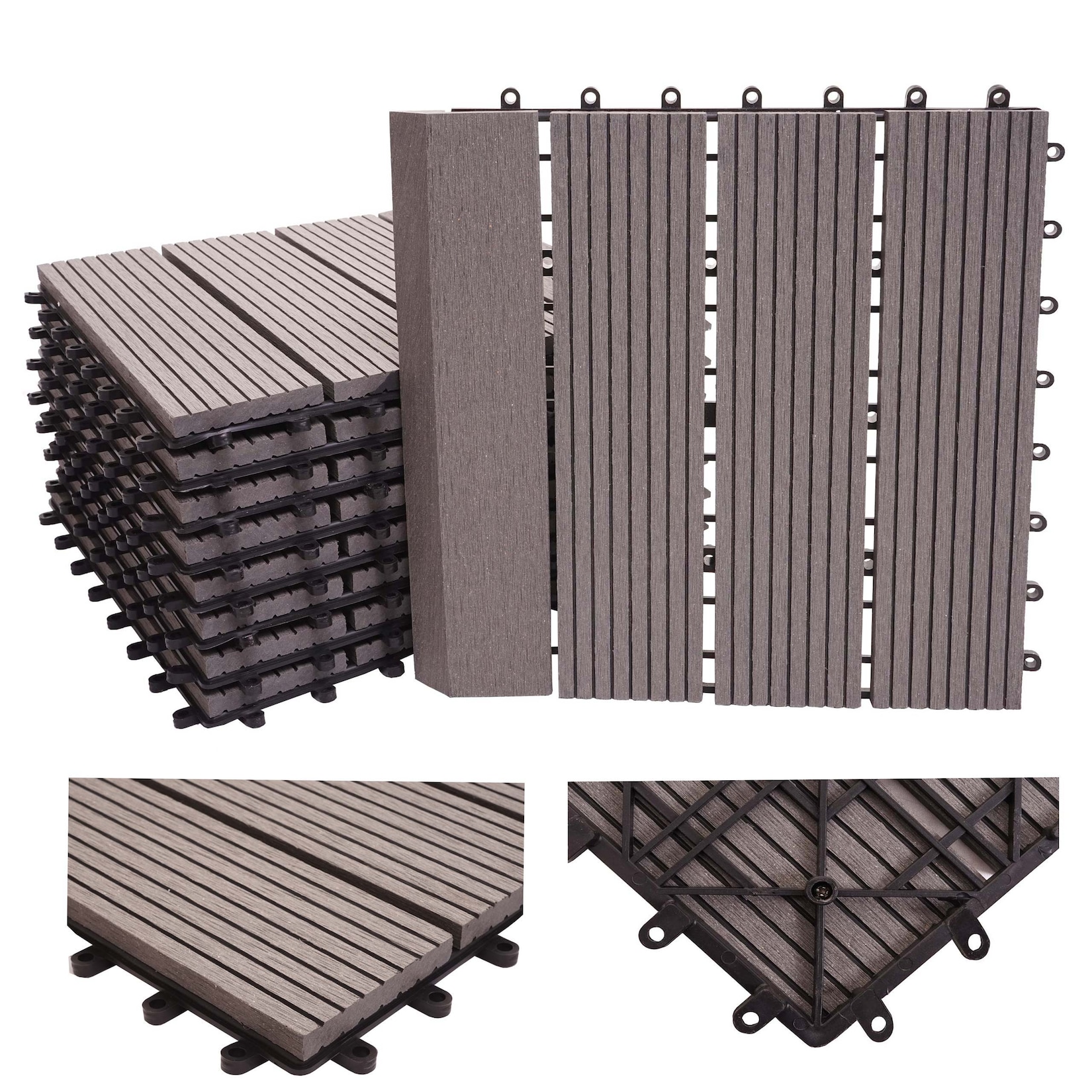 MCW WPC Bodenfliese Sarthe mit Abschluss Holzoptik Balkon/Terrasse 11x Je 30x30cm - 1qm Premium Grau Linear Senkrecht