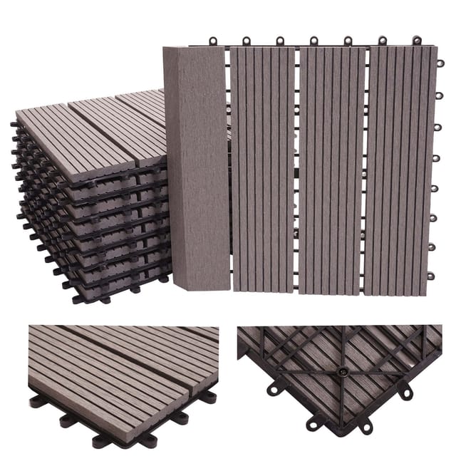 MCW WPC Bodenfliese Sarthe mit Abschluss Holzoptik Balkon/Terrasse 11x Je 30x30cm - 1qm Premium Grau Linear Senkrecht