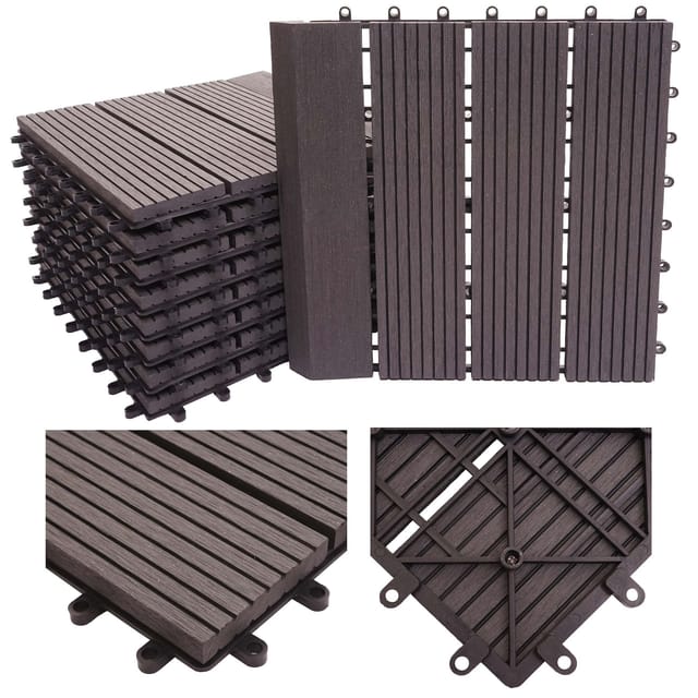 MCW WPC Bodenfliese Sarthe mit Abschluss Holzoptik Balkon/Terrasse 11x Je 30x30cm - 1qm Premium anthrazit Linear Senkrecht