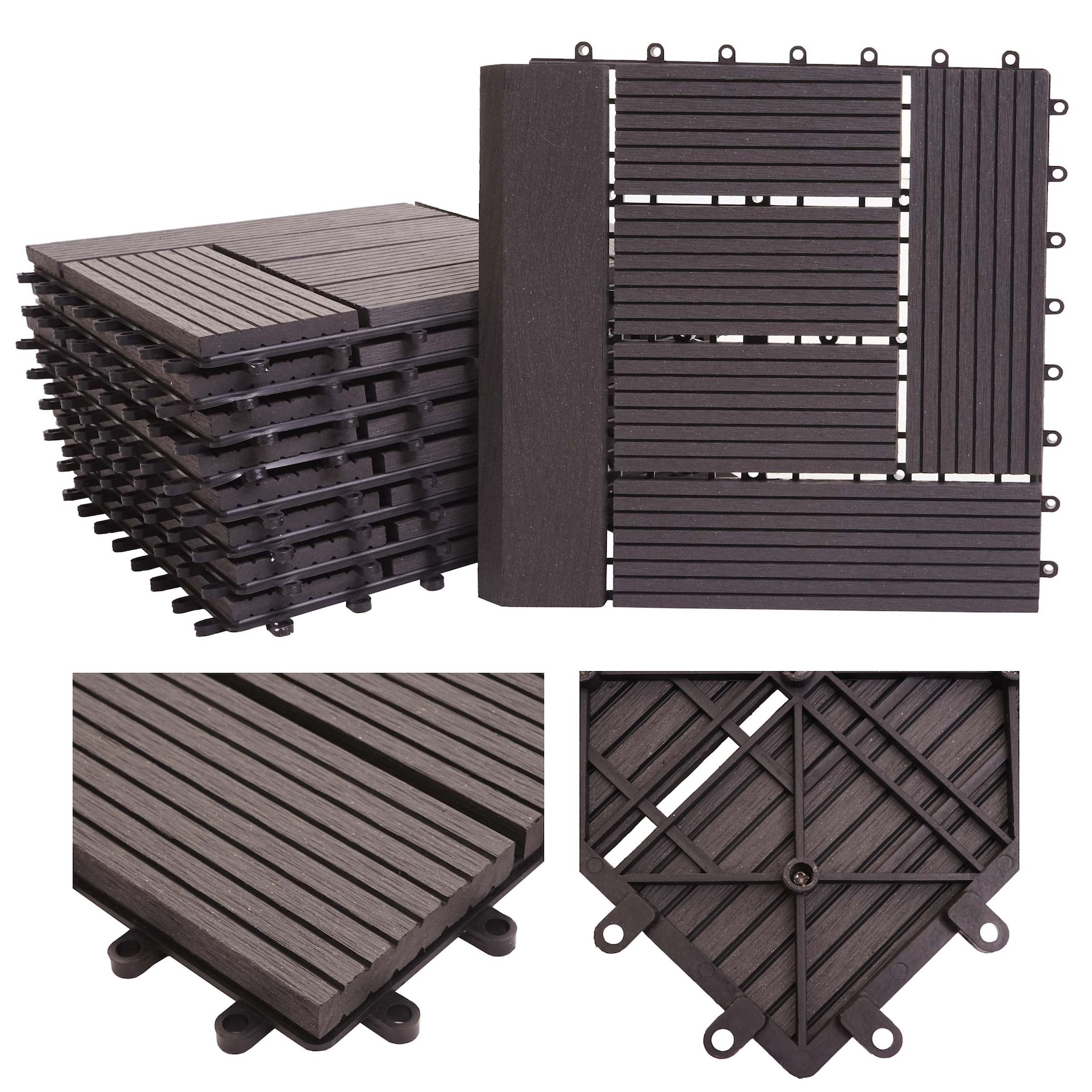 MCW WPC Bodenfliese Sarthe mit Abschluss Holzoptik Balkon/Terrasse 11x Je 30x30cm - 1qm Premium anthrazit Versetzt