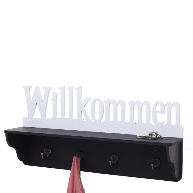 MCW Wandgarderobe D41 Willkommen 4 Haken Schwarz/weiß