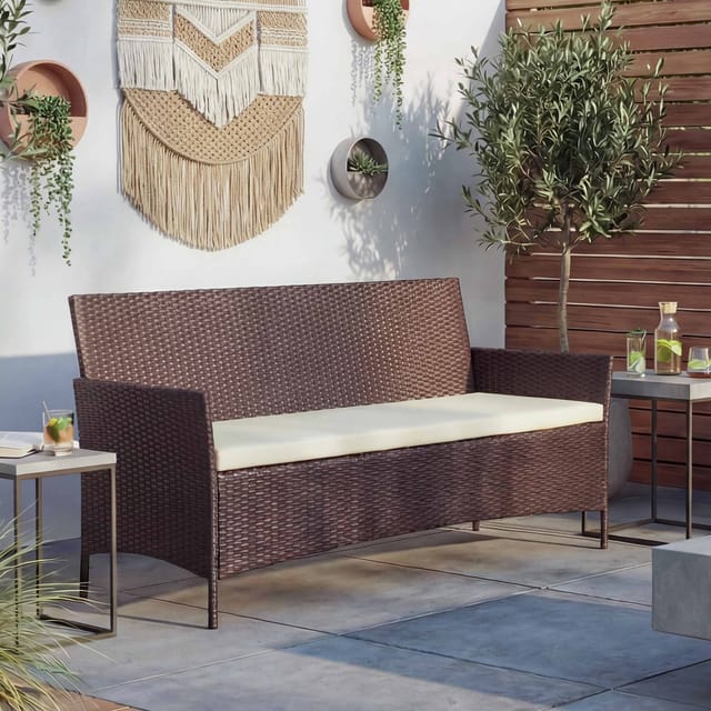 MCW 3-Sitzer Poly-Rattan Gartenbank Hamar Braun-meliert Kissen Creme