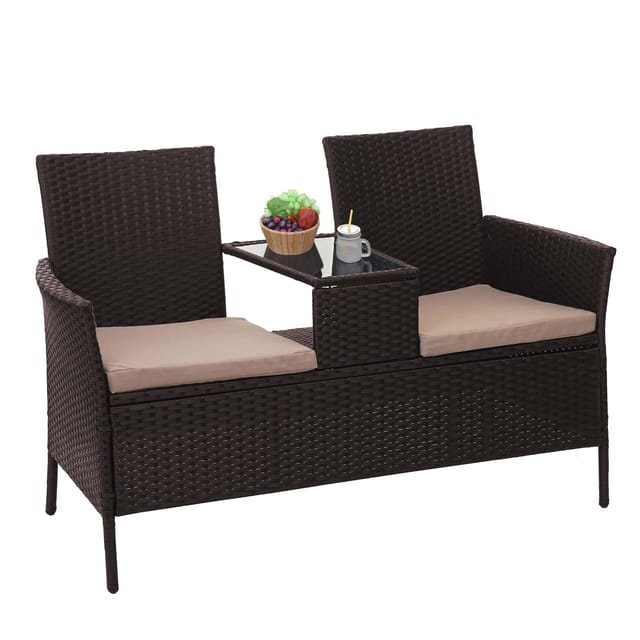 MCW Poly-Rattan Sitzbank mit Tisch E24 Braun Kissen Creme