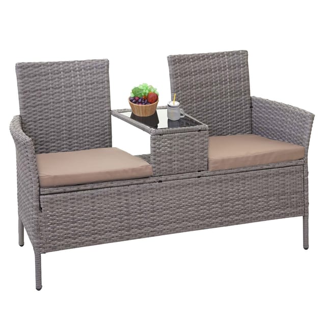 MCW Poly-Rattan Sitzbank mit Tisch E24 Grau Kissen Creme