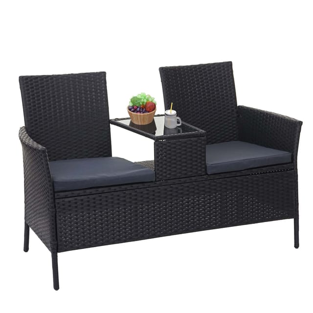 MCW Poly-Rattan Sitzbank mit Tisch E24 Schwarz Kissen Dunkelgrau
