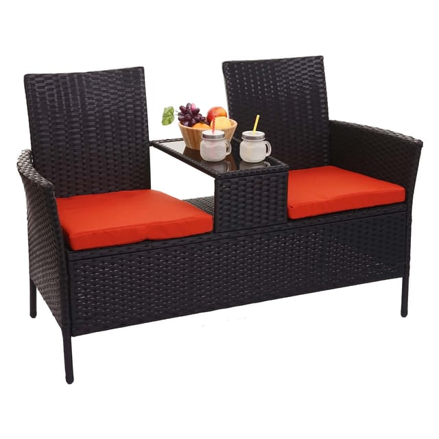MCW Poly-Rattan Sitzbank mit Tisch E24 Schwarz Kissen Terracotta