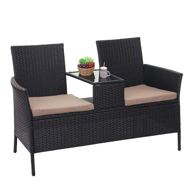 MCW Poly-Rattan Sitzbank mit Tisch E24 Schwarz Kissen Creme