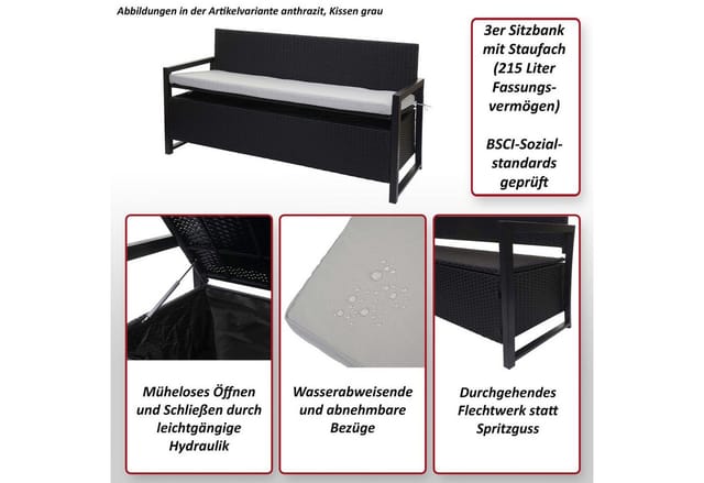 MCW Poly-Rattan 3er Sitzbank F39 Grau-meliert Kissen beige