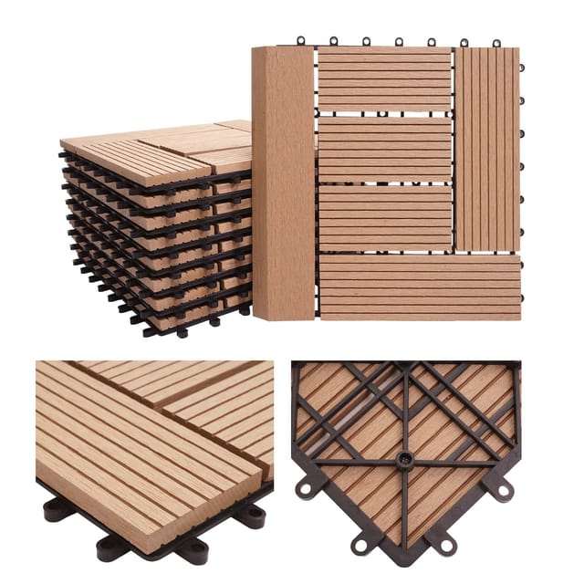 MCW WPC Bodenfliese Sarthe mit Abschluss Holzoptik Balkon/Terrasse 11x Je 30x30cm - 1qm Premium Teak Versetzt