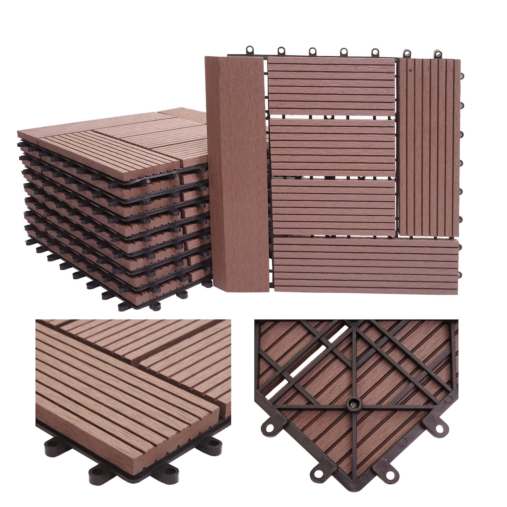 MCW WPC Bodenfliese Sarthe mit Abschluss Holzoptik Balkon/Terrasse 11x Je 30x30cm - 1qm Premium Coffee Versetzt