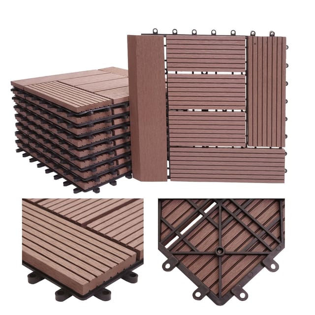 MCW WPC Bodenfliese Sarthe mit Abschluss Holzoptik Balkon/Terrasse 11x Je 30x30cm - 1qm Premium Coffee Versetzt