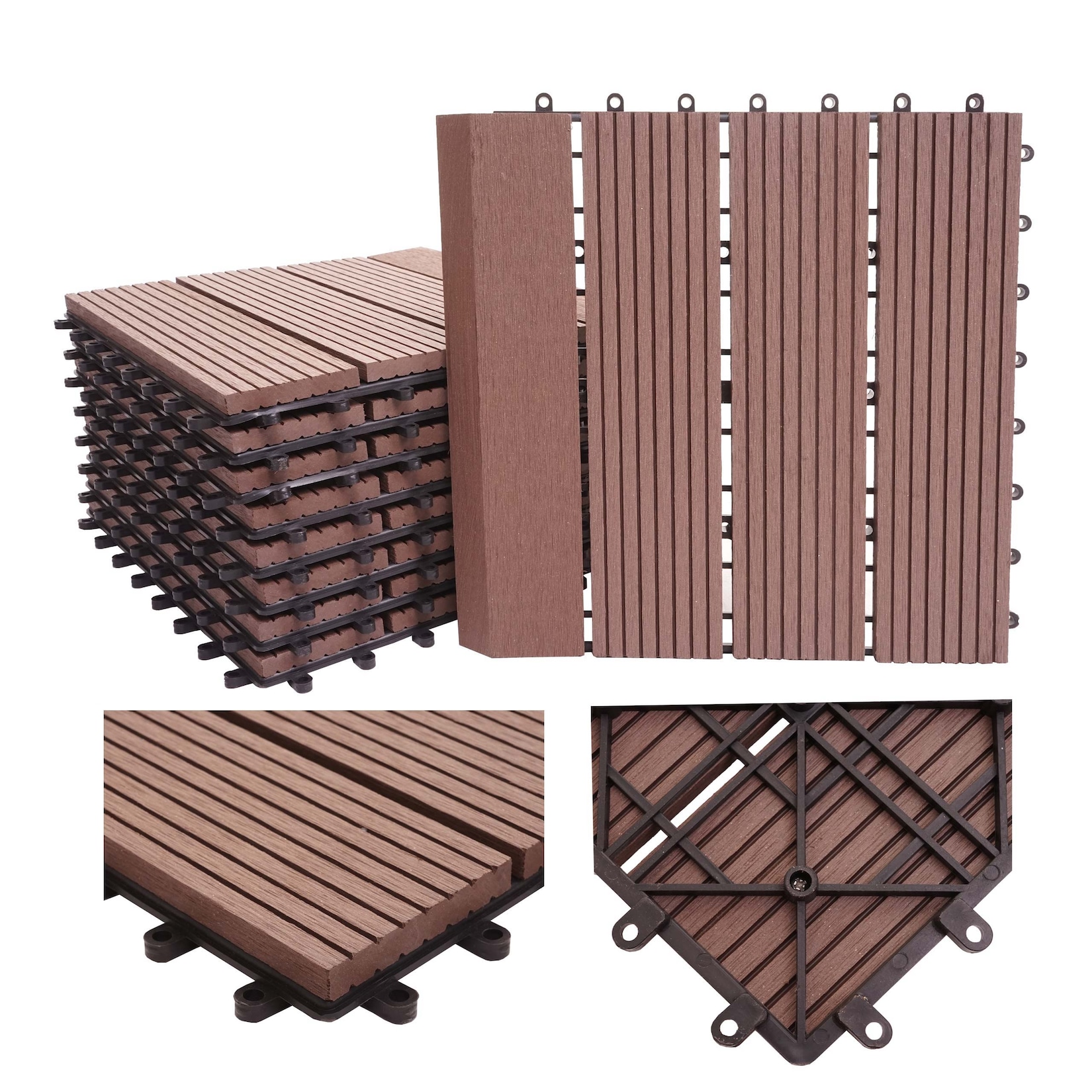 MCW WPC Bodenfliese Sarthe mit Abschluss Holzoptik Balkon/Terrasse 11x Je 30x30cm - 1qm Premium Coffee Linear Senkrecht