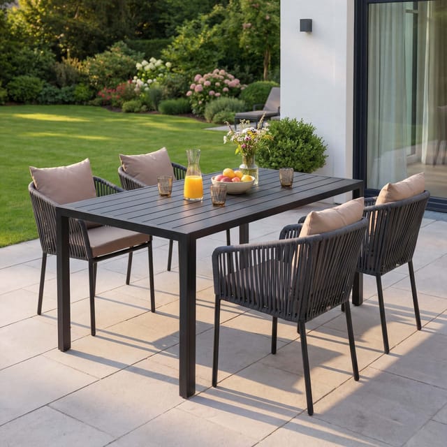 MCW Gartengarnitur N41 Sitzgruppe Tisch 4xStuhl Wetterfest Alu 140x80cm Seilgeflecht Rope anthrazit Kissen Taupe