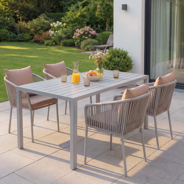 MCW Gartengarnitur N41 Sitzgruppe Tisch 4xStuhl Wetterfest Alu 140x80cm Seilgeflecht Rope Hellgrau Kissen Taupe