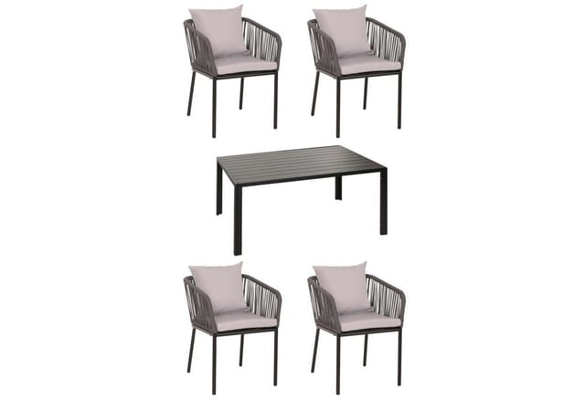MCW Gartengarnitur N41 Sitzgruppe Tisch 4xStuhl Wetterfest Alu 140x80cm Seilgeflecht Rope anthrazit Kissen Hellgrau