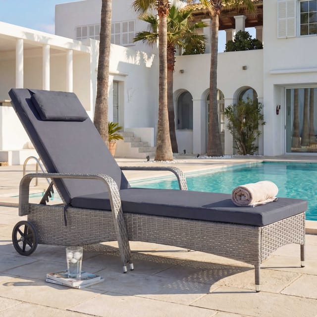 MCW Poly-Rattan Sonnenliege Cesena Grau Kissen Dunkelgrau
