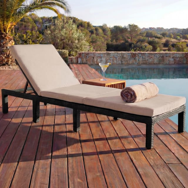 MCW Poly-Rattan Sonnenliege A51 Basic Braun Kissen Creme