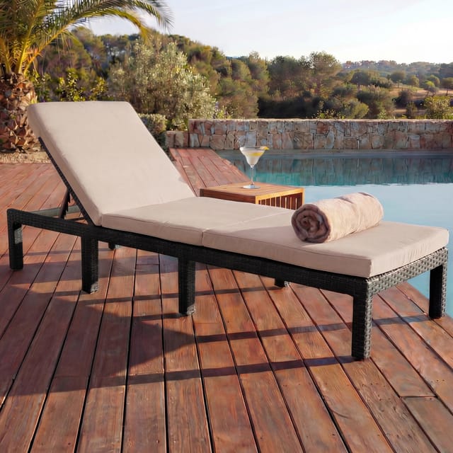 MCW Poly-Rattan Sonnenliege A51 Basic anthrazit Kissen Creme