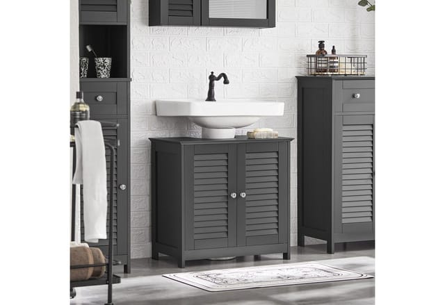 SoBuy Waschbeckenunterschrank Badschrank mit 2 Lamellentüren 60x58x35cm Grau FRG237-II-DG