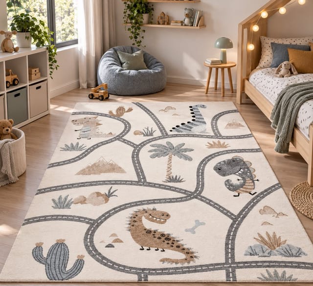 Pergamon Kinder Teppich Maui Kids Dino Straßenteppich Beige 140x200cm