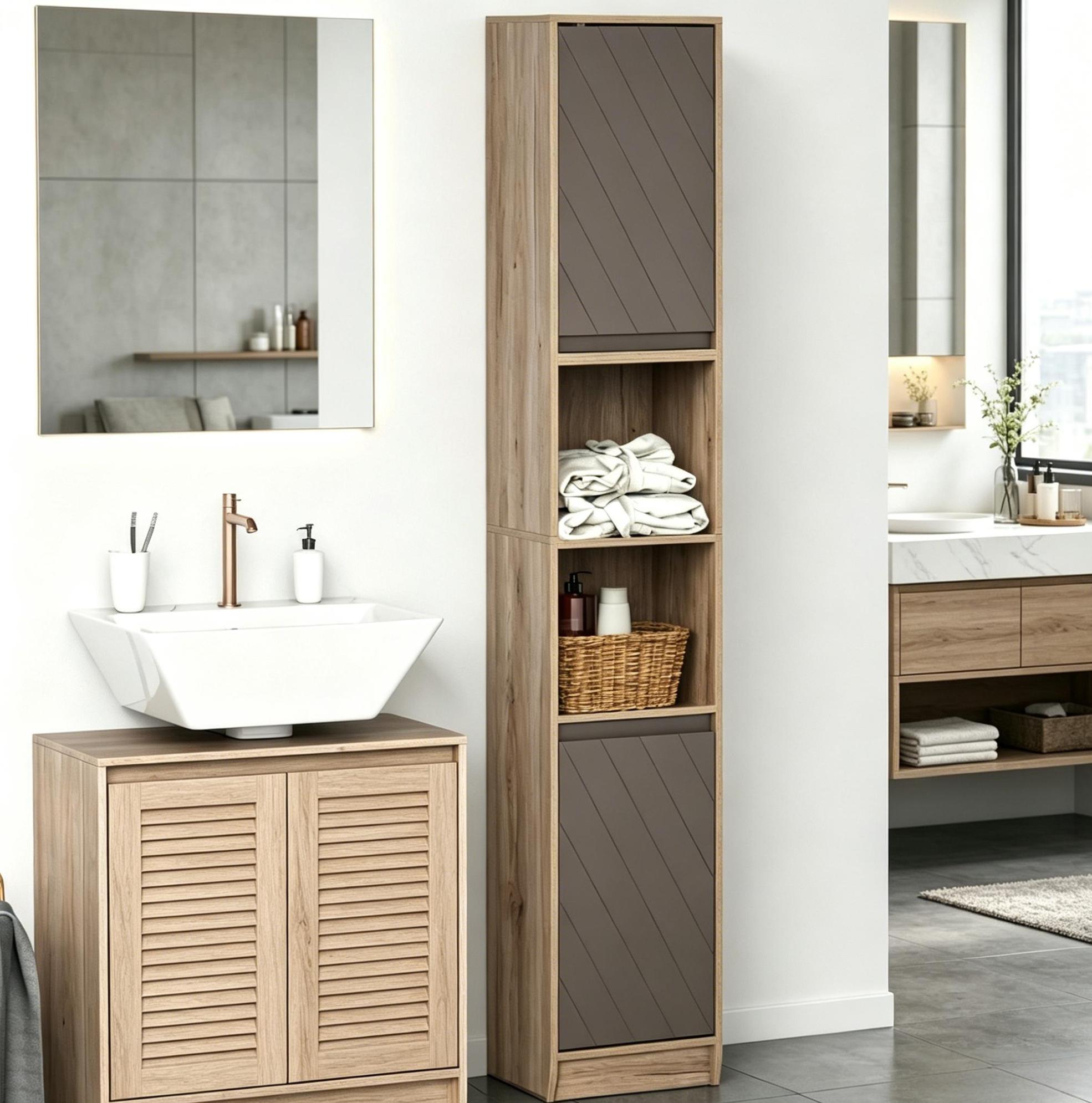 Badezimmerschrank 30x24x170 Cm Grau/eiche Aus Mdf Und Spanplatte Mit Verstellbaren Regalen Und 2 Türen