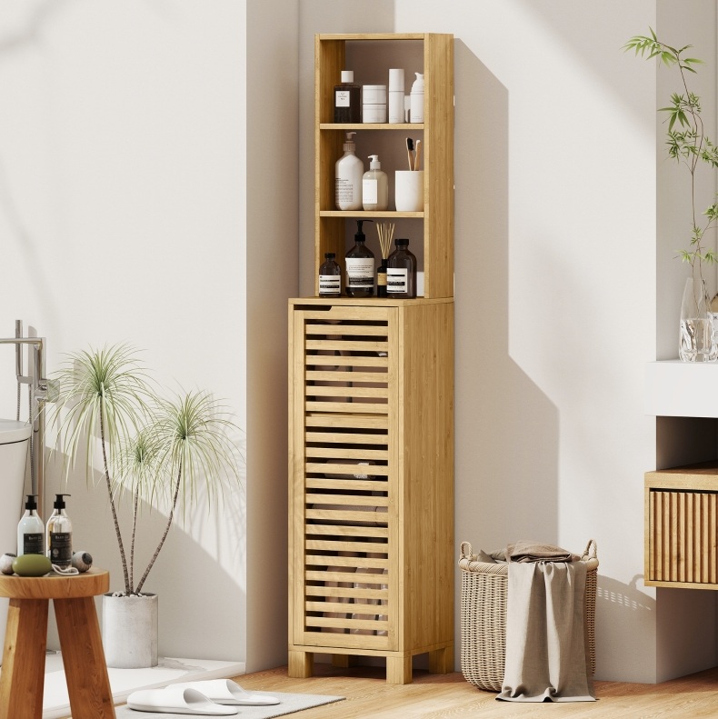 Badezimmerschrank 34x30x170 Cm Natur Bambus Mit Lamellentür Und Verstellbaren Regalen