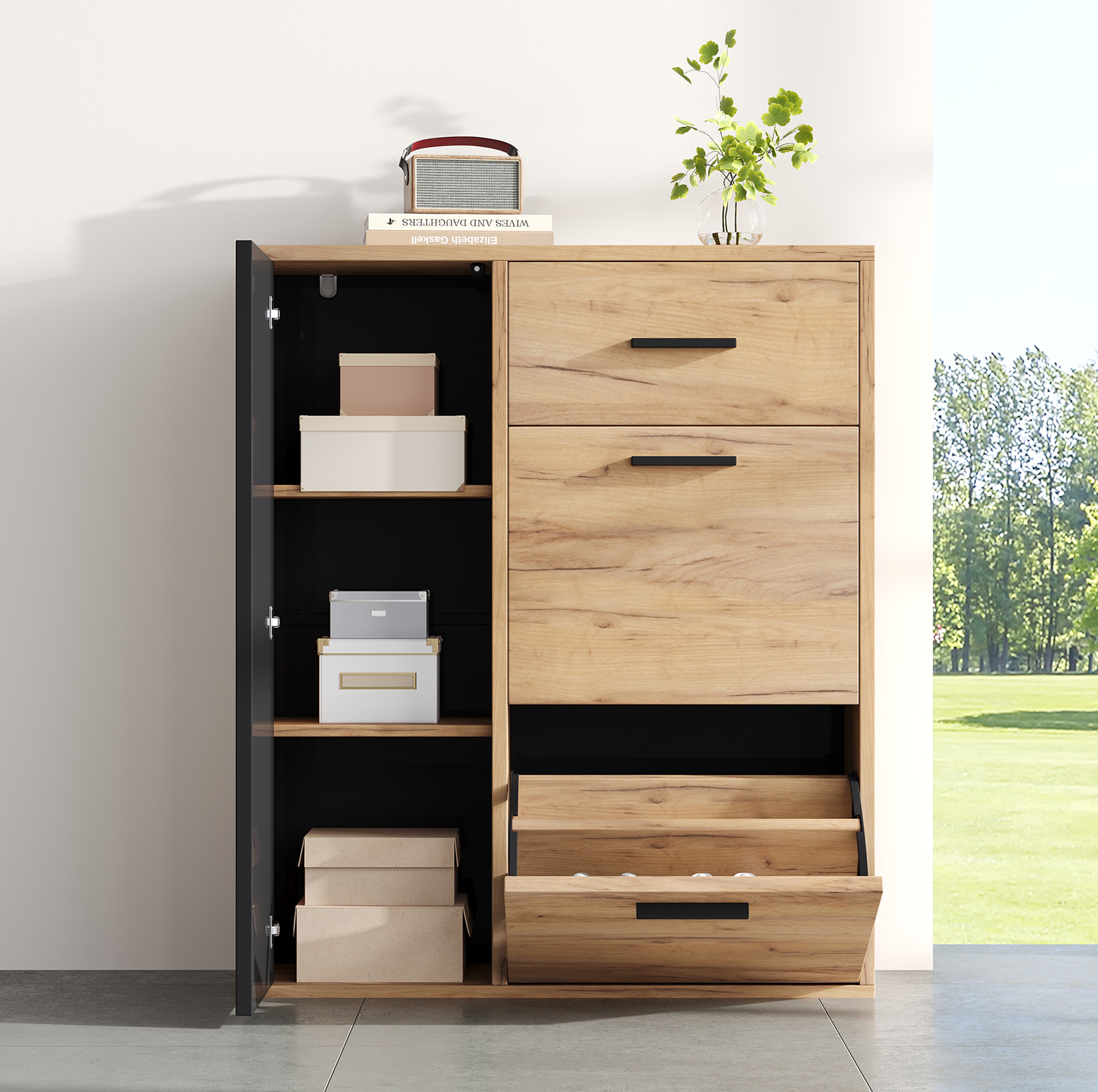 Schuhschrank 80x24x95.5 Cm Naturfarben+schwarz Aus Spanplatte Mit Verstellbaren Regalen Und Kippsicherung