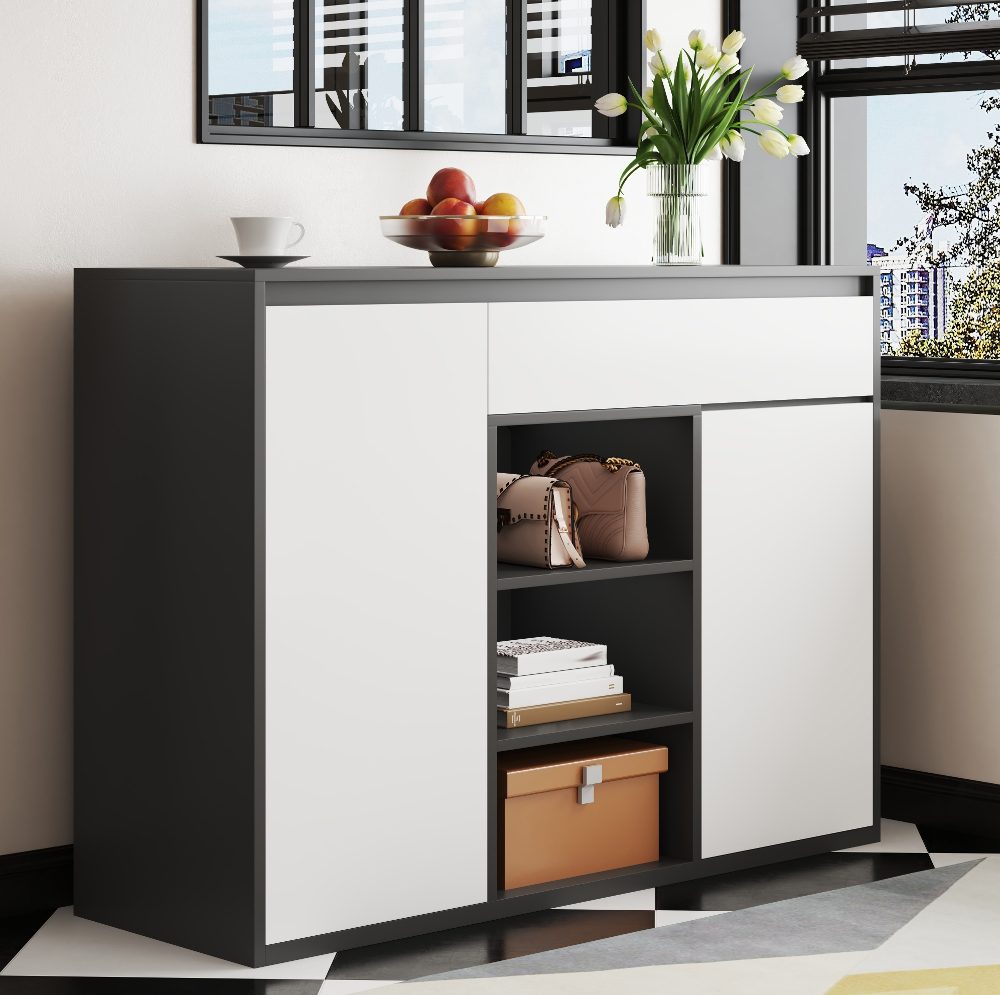 Schuhschrank 105x39.5x86 Cm Schwarz-weiß Aus Spanplatte Mit Led-beleuchtung Und Verstellbaren Einlegeböden