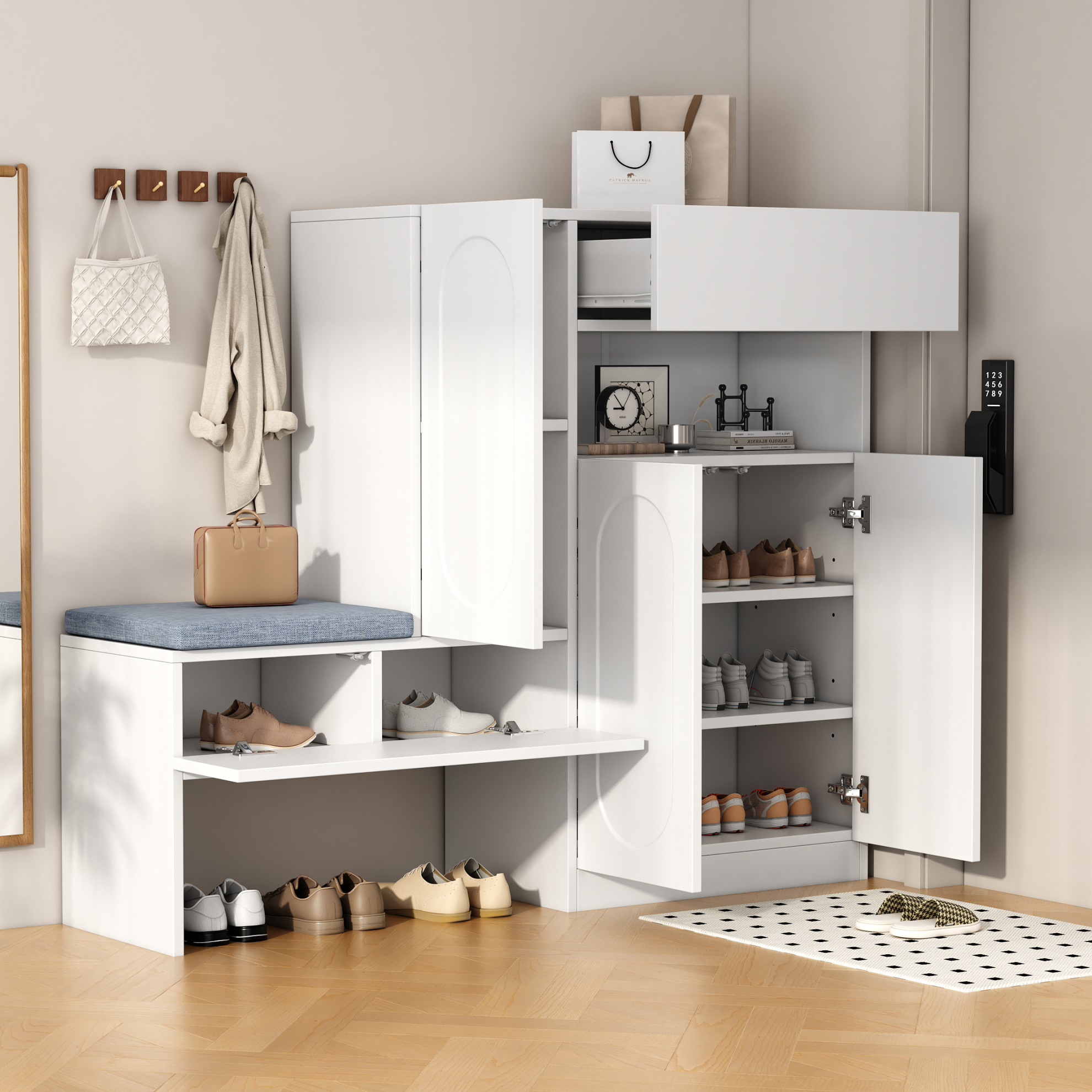 Schuhschrank 130x35x110 Cm Weiß Aus Spanplatte Mit Sitzbank, Soft-close-türen Und Verstellbaren Fächern