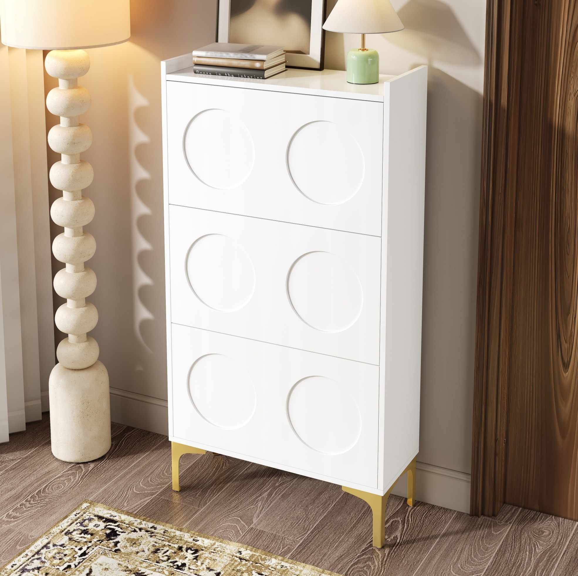 Schuhschrank 63x24x120 Cm Weiß Aus Mdf Mit Dreistufigem Stauraum Und Goldfarbenen Metallbeinen