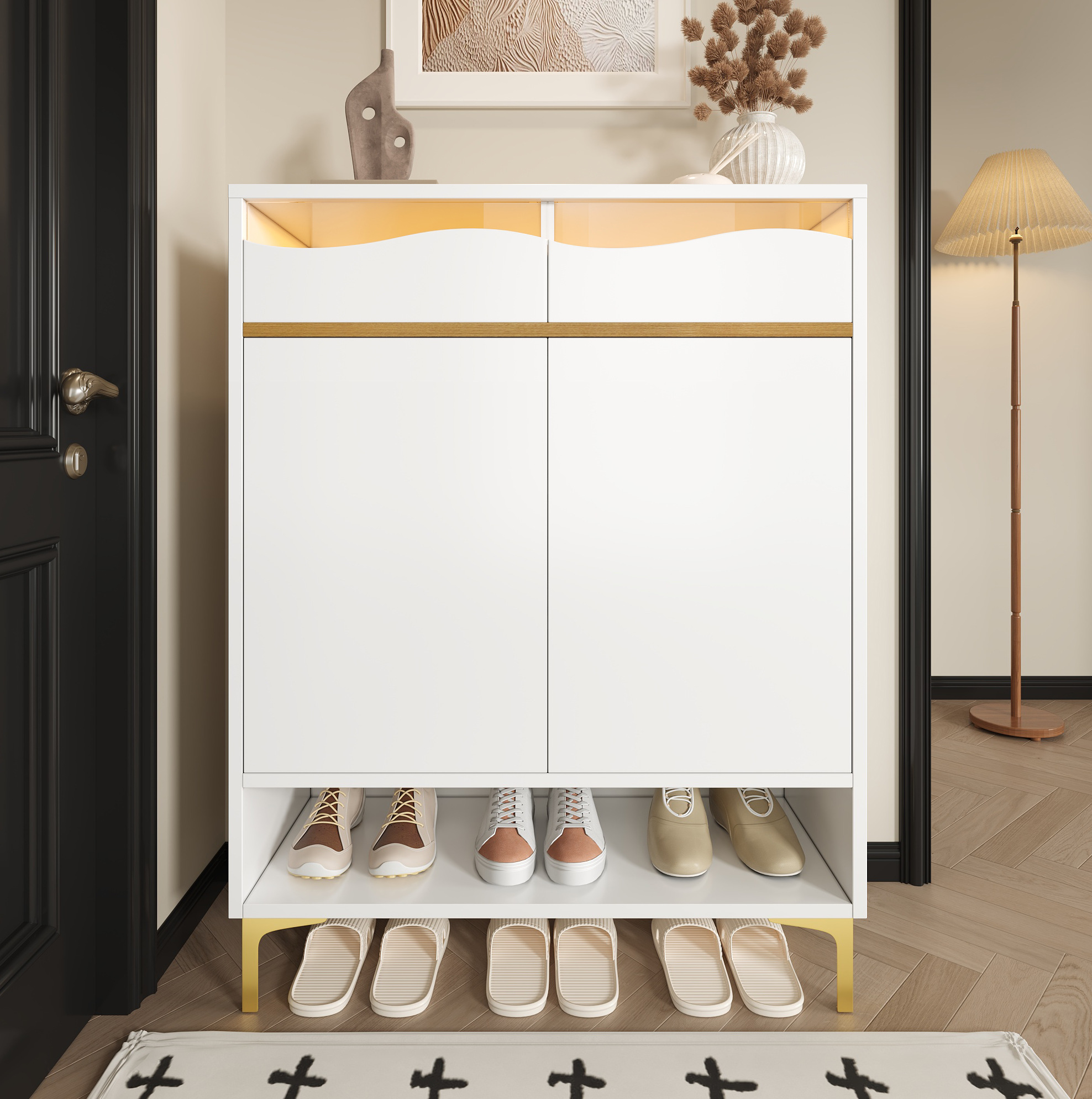 Schuhschrank 80x35x105 Cm Weiß Mdf Und Spanplatte Mit Led-beleuchtung, Schubladen Und Verstellbaren Einlegeböden