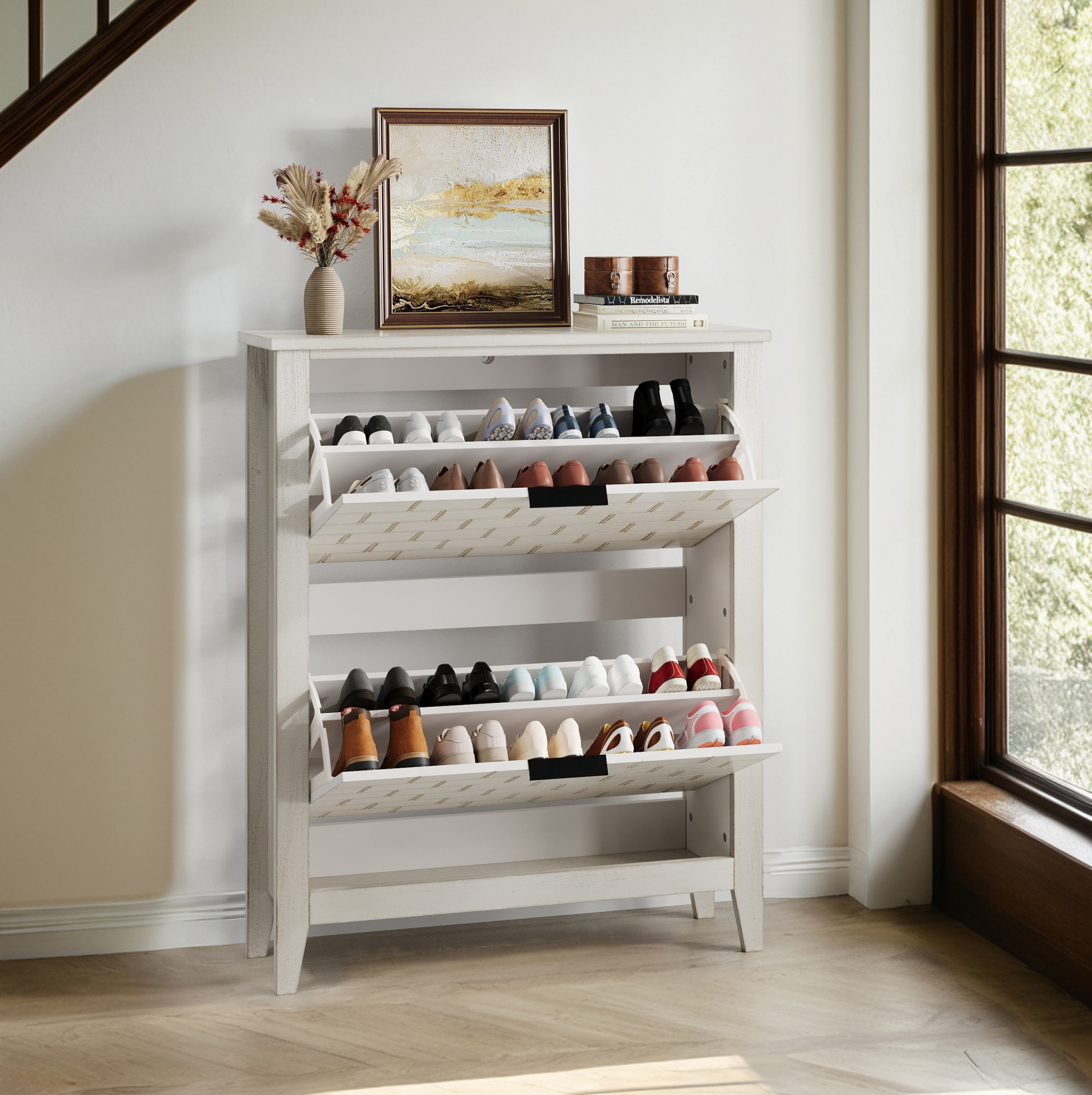 Schuhschrank 80 Cm Retro White Aus Mdf Mit 2 Klappschubladen, Offenem Fach Und Kippschutz