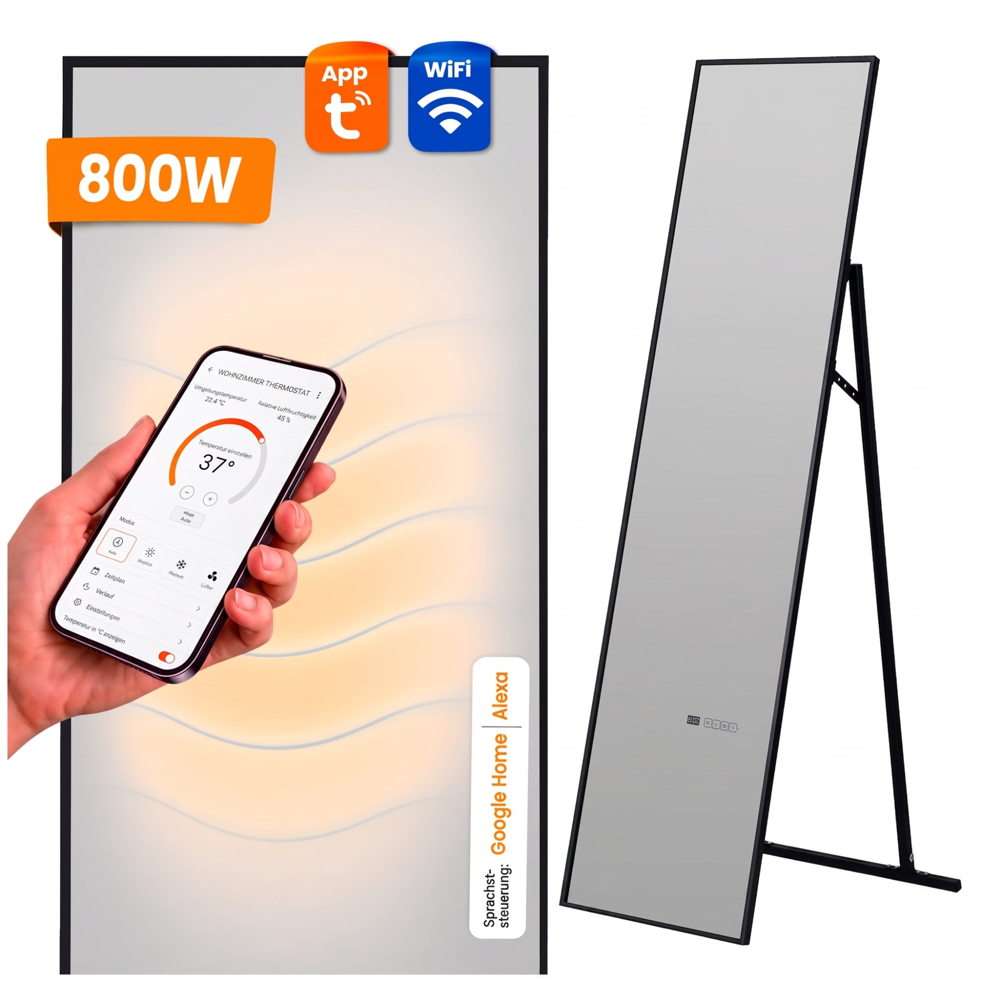 Dalsys Infrarot Spiegelheizung Ganzkörperspiegel - 160x40cm 800w Schwarz