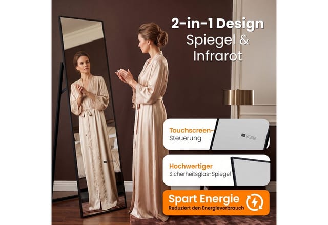 Dalsys Infrarot Spiegelheizung Ganzkörperspiegel - 160x40cm 800w Schwarz