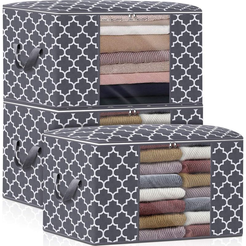 Set Mit 3 Großen Aufbewahrungstaschen (100 L) Für Decken, Kleidung, Bettwäsche Und Bettdecken Faltbar, Mit Verstärktem Griff, Sichtfenster Und Robusten Reißverschlüssen Grau