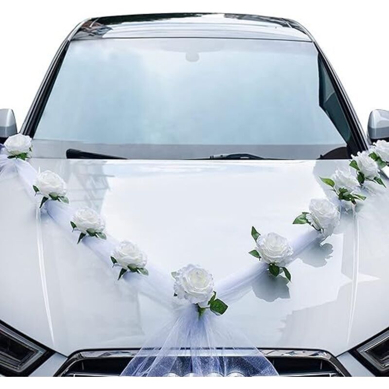 Hochzeitsauto-dekorationsset – 9 Weiße Künstliche Blumen – 180 Cm Bänder – Saugnapf- Und Gurtbefestigungen – Für Das Auto Der Braut