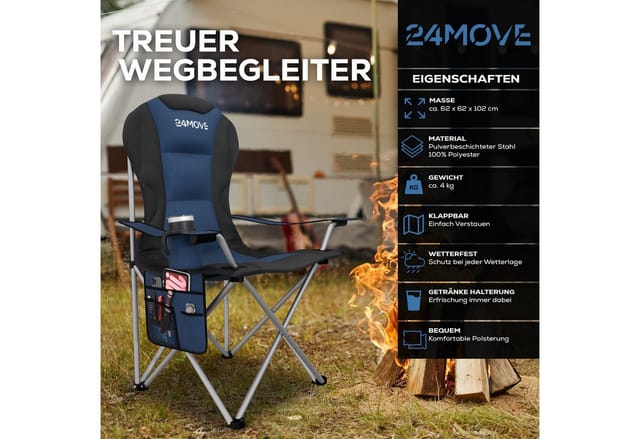 24MOVE Campingstuhl faltbar Klappstuhl gepolstert inkl. Tragetasche - 150kg - blau