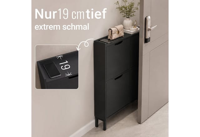 SoBuy Schuhschrank Schmal mit 4 Klappen Schuhkommode 100x91x19cm Schwarz FSR100-SCH