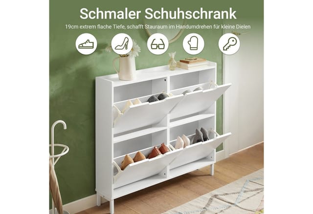 SoBuy Schuhschrank Schmal mit 4 Klappen Schuhkommode 100x91x19cm Weiß FSR100-W