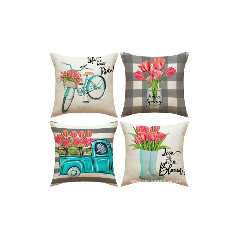 4er-set Wasserdichte Leinen-kissenbezüge Für Den Außenbereich, Modernes Landhaus-design Mit Frühlingsblumenmuster, Quadratisch, 45 X 45 Cm, Kissenbezug Für Sofa, Wohnzimmer, Schlafzimmer