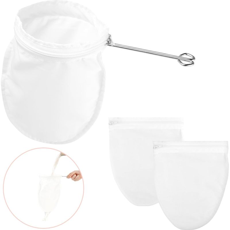 Set Mit 3 Wiederverwendbaren Feinmaschen-filterbeuteln Mit Edelstahlgriffen Zum Filtern Von Nüssen, Milch, Kaffee, Thai-tee, Fruchtsäften, Honig, Wein Und Öl