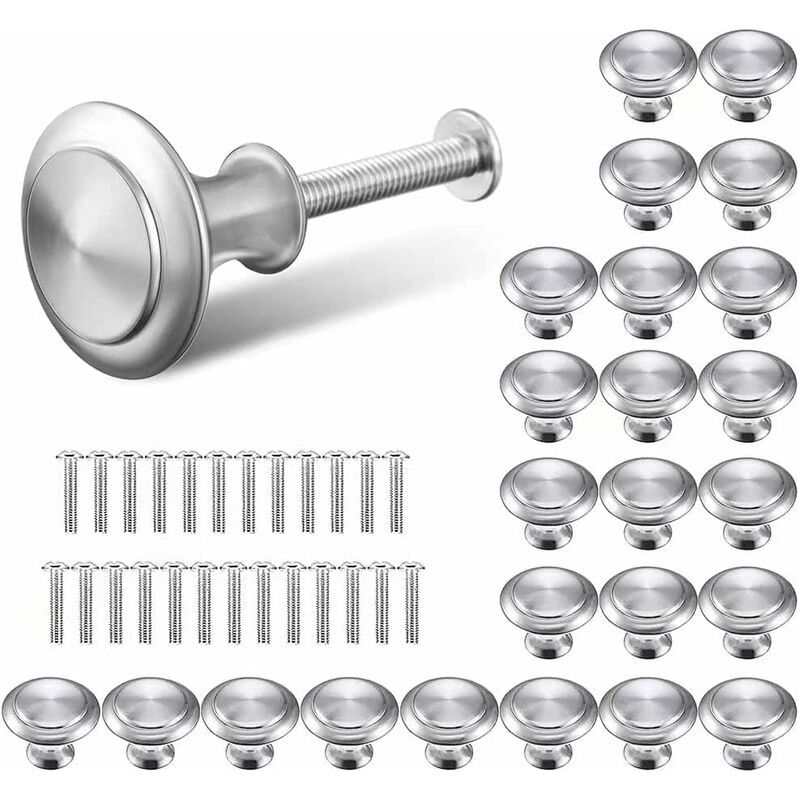 Set Mit 25 Silbernen Möbelknöpfen, 30 Mm – Edelstahl Und Zinklegierung – Inklusive Befestigungsschrauben – Einfache Und Dauerhafte Montage