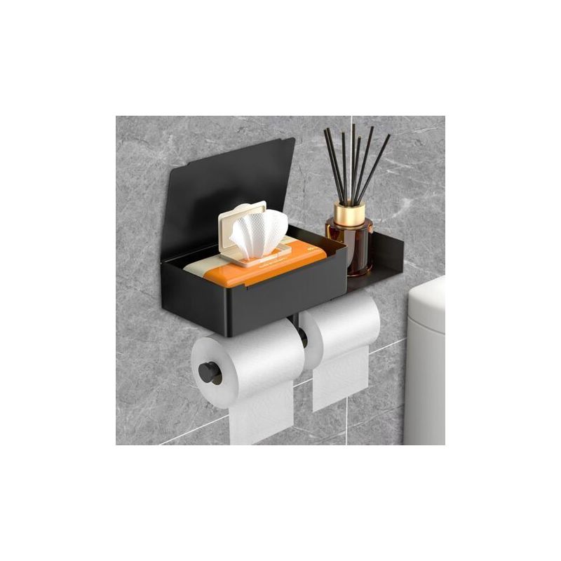 Schwarzer, Wandmontierter Toilettenpapierhalter – Integriertes Taschentuchfach – Für 2 Rollen – Korrosionsbeständiger Edelstahl