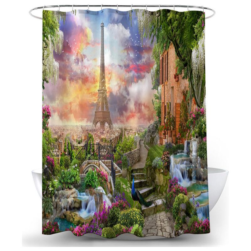 Wasserdichter Und Schimmelresistenter Duschvorhang Mit Motiven Des Pariser Eiffelturms Und Eines Pfaus. Polyester-badevorhang, 180 X 180 Cm.
