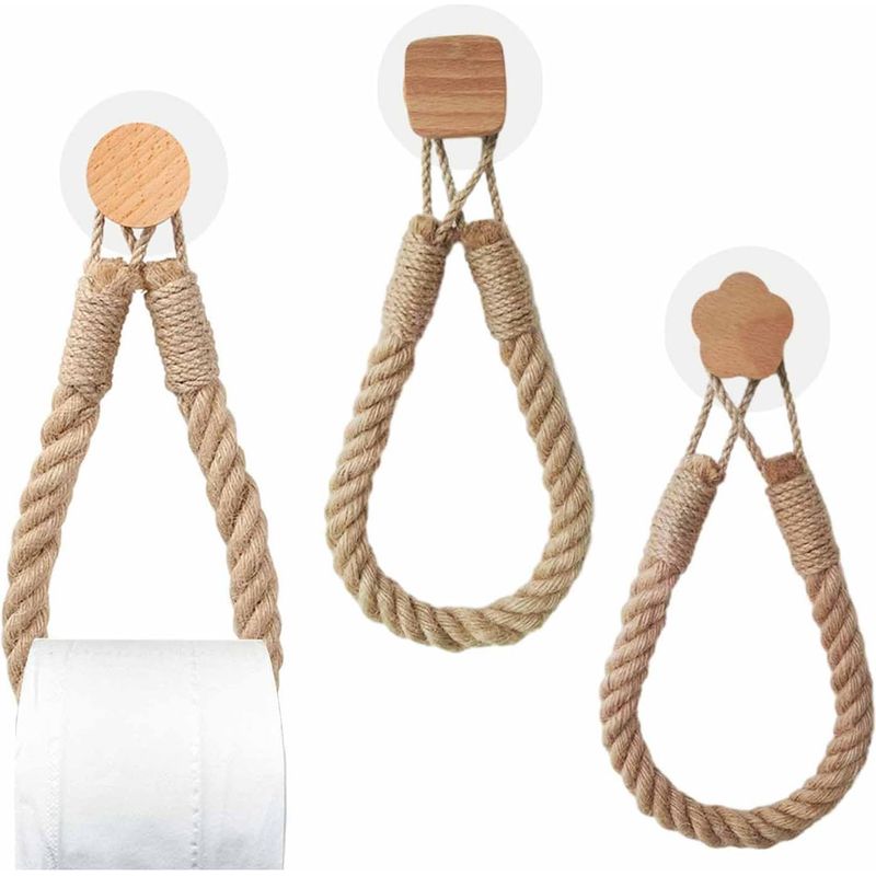 3-teiliger Wand-toilettenpapierhalter, Toilettenpapierrollenhalter Aus Seil, Vintage-stil, Aus Holz, Metall Und Hanfseil